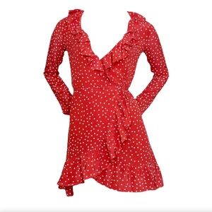 447. REALISATION Par Alexandra Silk Red Star Print Wrap Ruffle Mini Dress EUC M